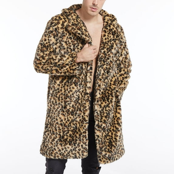 Ikevan Men Leopard Winter Warm Outdoor Woolen Faux-Fur' Coat Collar Overcoat Khaki XXL