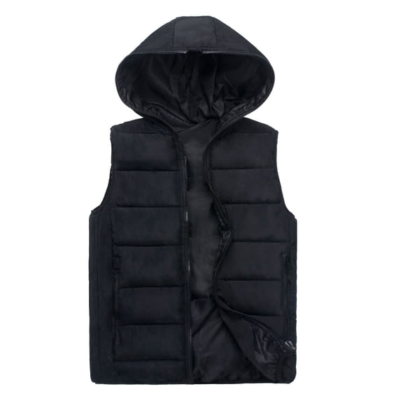 Ikevan Men'S Autumn Winter Zipper Pure Color Waistcoat Vest Top Hooded Coat Black 4XL