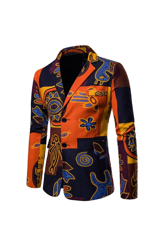 Men'S Autumn and Winter Casual Ethnic Style Print Stitching Slim Suit Jacket Orange 8(L)
