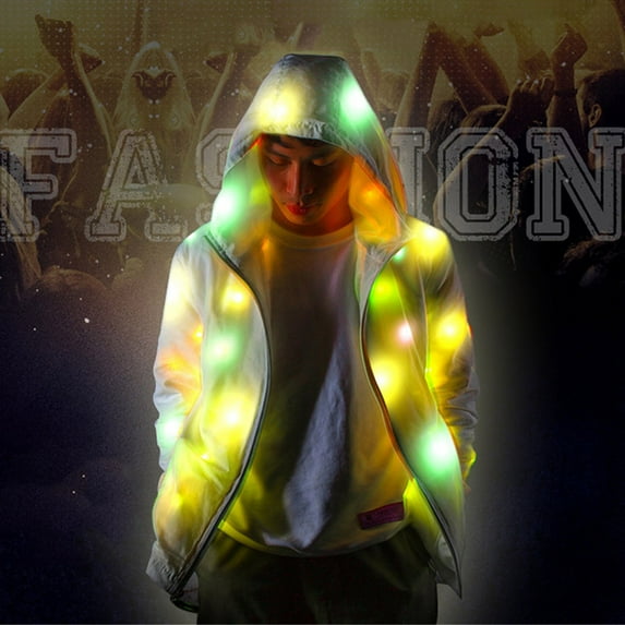Ikevan Men Women Long Sleeve Led Colorful Glowing Jacket Coat Luminous Clothing White S
