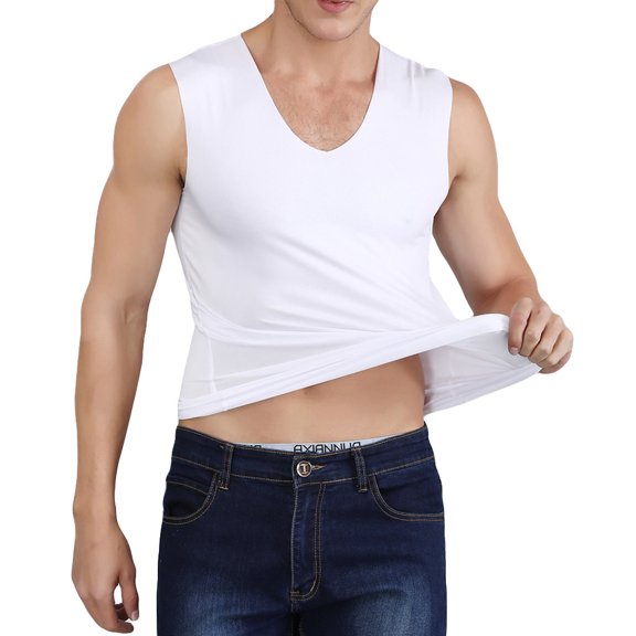 Ikevan Men's Summer Ice Silk Traceless Thin Breathable Pure Color V-neck Sleeveless Top