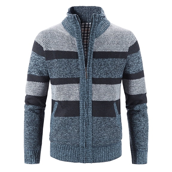 Ikevan Mens Zip Up Knitted Cardigan Thick Sweater Stand Collar Fleece Lined Warm
