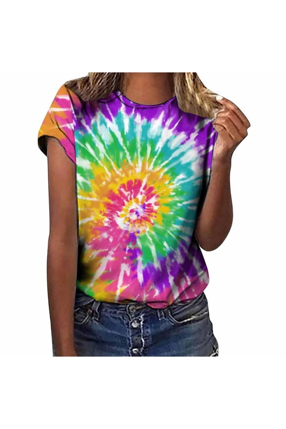 Tops Womens Crewneck Short Sleeves Tie-Dye Printed Pattern Casual Blouse Print Shirt