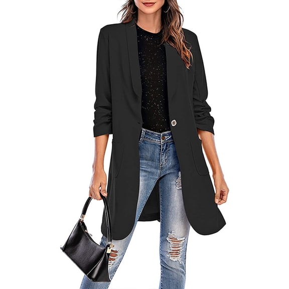 Ikevan Women Button Pockets Three Quarter Sleeve Solid office Coat Cardigans Suit Jacket Long Outwear Black 4(S)