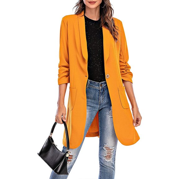 Ikevan Women Button Pockets Three Quarter Sleeve Solid office Coat Cardigans Suit Jacket Long Outwear Yellow 4(S)