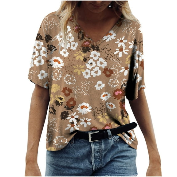 Ikevan Women Casual T-Shirt Floral Printed V-Neck Short Sleeve Pullover Blouse Tops