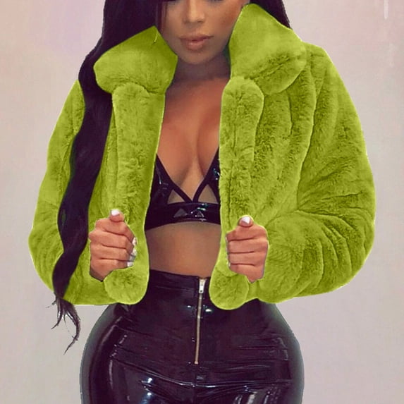 Ikevan Women Coat Fluffys Fleece Turn-Down Collar Faux Furs Top Short Loose Coat Green 10(XL)