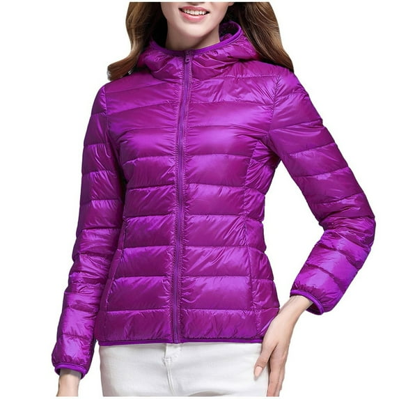 Ikevan Women Coats Casual Light Outerwear Solid Hooded Zippers Pocket Down Jackets Purple 6(M)