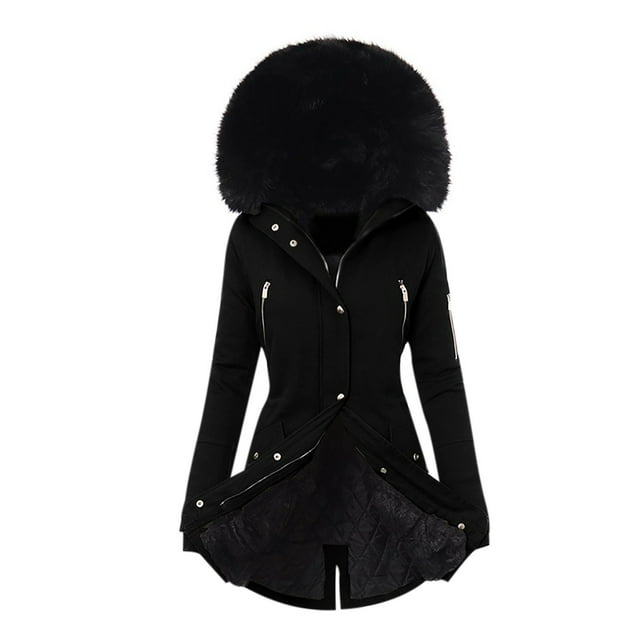 Ikevan Women Coats Warm Jacket Winter Solid Turn Hooded Collar Lambswoo