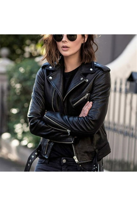 Women Cool Faux Leather Jacket Long Sleeve Zipper Fitted Coat Fall Short Jacket Black 18(XXXXXL)