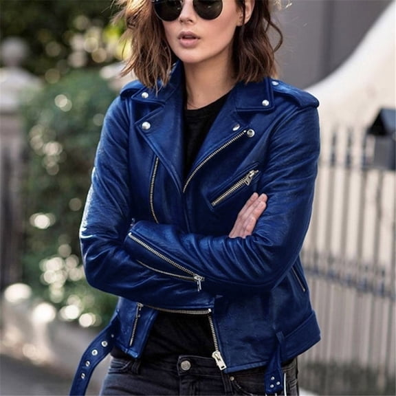 Ikevan Women Cool Faux Leather Jacket Long Sleeve Zipper Fitted Coat Fall Short Jacket Blue 18(XXXXXL)