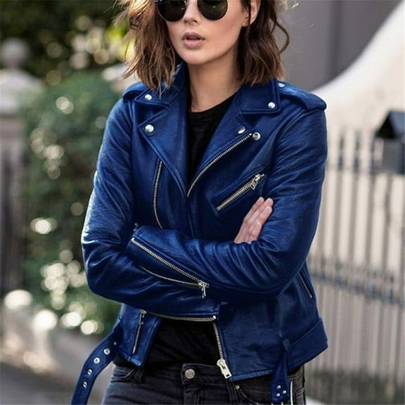 Ikevan Women Cool Faux Leather Jacket Long Sleeve Zipper Fitted Coat Fall Short Jacket Blue 4(S)