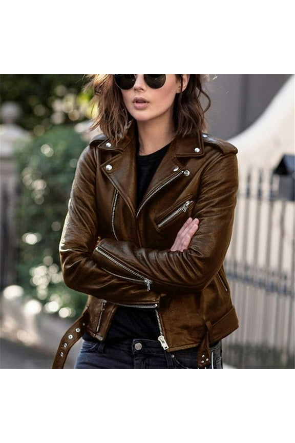 Women Cool Faux Leather Jacket Long Sleeve Zipper Fitted Coat Fall Short Jacket Brown 10(XL)