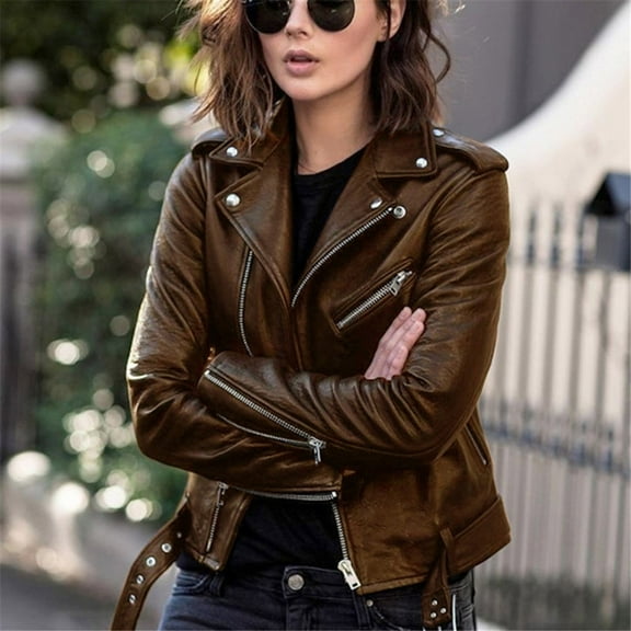 Ikevan Women Cool Faux Leather Jacket Long Sleeve Zipper Fitted Coat Fall Short Jacket Brown 16(XXXXL)