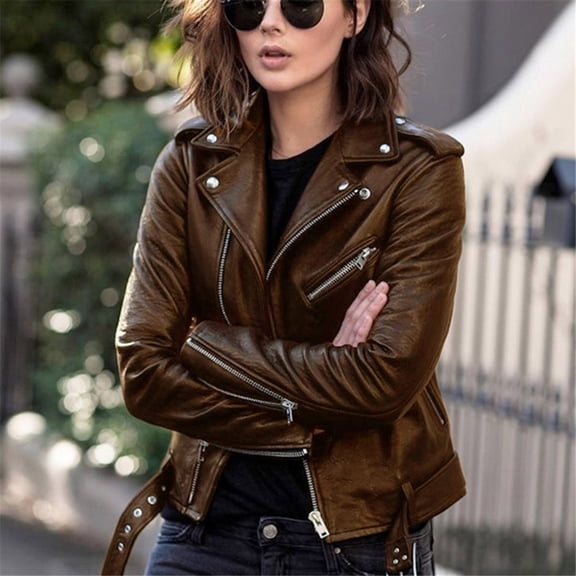 Ikevan Women Cool Faux Leather Jacket Long Sleeve Zipper Fitted Coat Fall Short Jacket Brown 4(S)