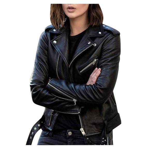 Ikevan Women Cool Faux Leather Jacket Long Sleeve Zipper Fitted Coat Fall Short Jacket