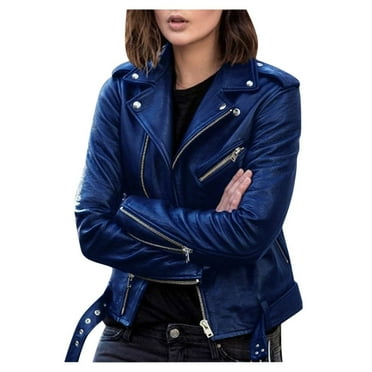 Ikevan Women Cool Faux Leather Jacket Long Sleeve Zipper Fitted Coat Fall Short Jacket