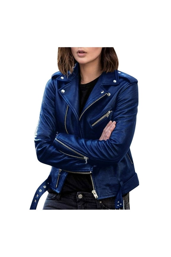 Women Cool Faux Leather Jacket Long Sleeve Zipper Fitted Coat Fall Short Jacket