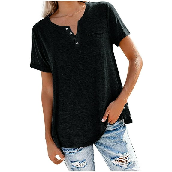 Ikevan Women Fashion Solid Color V-Neck Button T-Shirt Tops Short Sleeve Loose Blouse