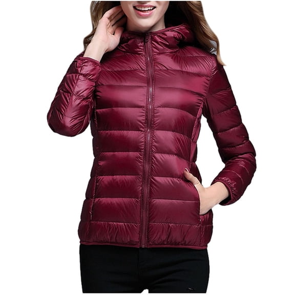 Ikevan Women Light Outerwear Solid Hooded Zippers Pocket Coat Down Jackets