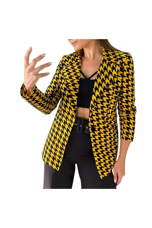 Women Long Sleeve Houndstooth Printing Turndown Collar Coat