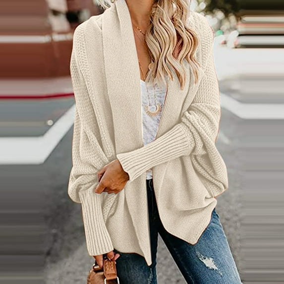 Ikevan Women Long Sleeve Knit Winter Cardigan Sweater Solid Color Coat Beige 4(One size)