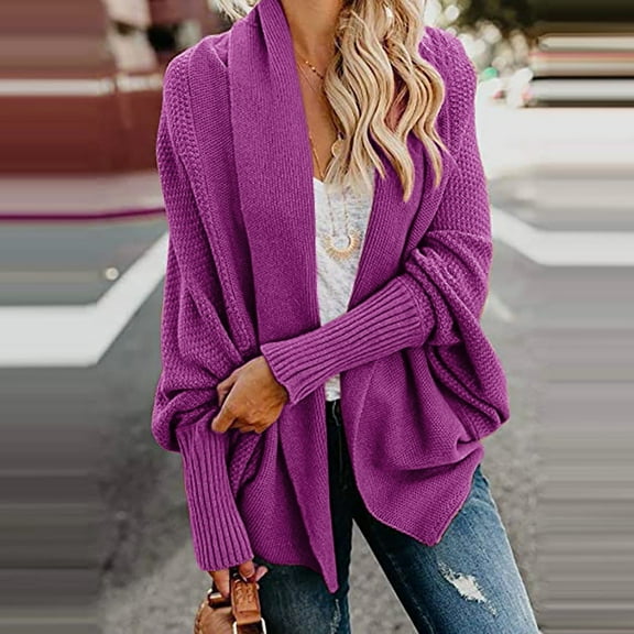 Ikevan Women Long Sleeve Knit Winter Cardigan Sweater Solid Color Coat Hot Pink 4(One size)