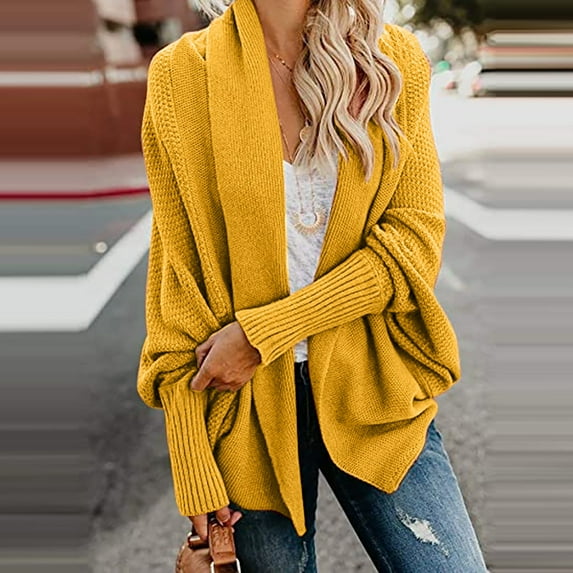 Ikevan Women Long Sleeve Knit Winter Cardigan Sweater Solid Color Coat Yellow 4(One size)