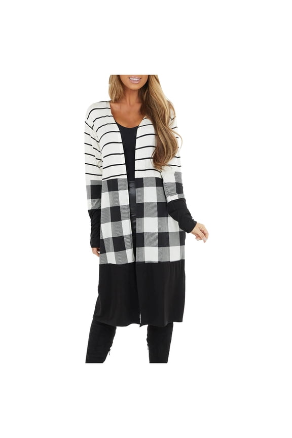 Women'S Plaid Print Striped Patchwork Cardigans Open Front Long Sleeve Coat