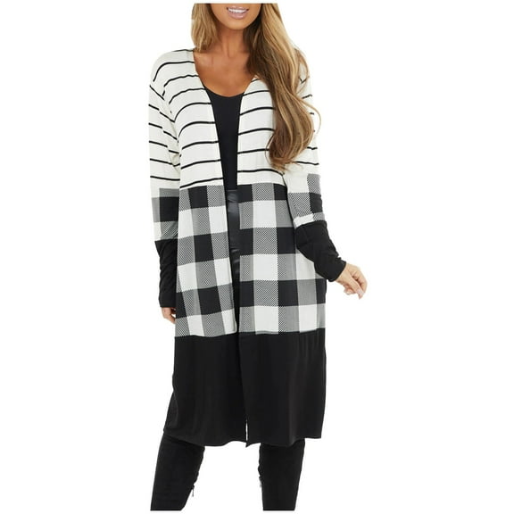 Ikevan Women'S Plaid Print Striped Patchwork Cardigans Open Front Long Sleeve Coat