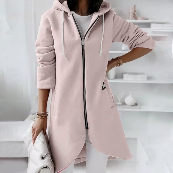 Ikevan Women'S Solid Color Hoodie Zipper Long Sleeve Sweatshirts Pockets Irregular Hem Long Coat Tops Pink 10(XL)
