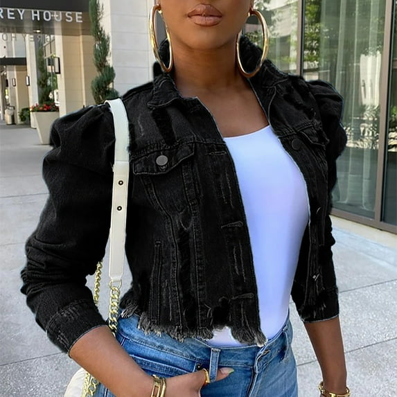 Ikevan Women'S Street Short Lapel Frayed Breasted Denim Puff Sleeve Slim Denim Jacket Black 10(XL)