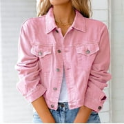 Ikevan Women Solid Denim Jacket Long Sleeve Slimming Cardigan Suit Pocket Coat Top Pink 8L