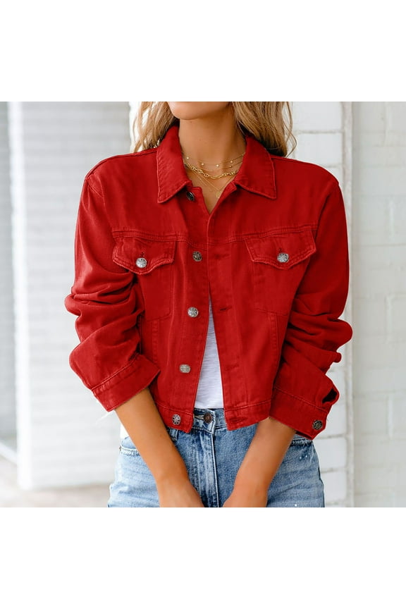 Women Solid Denim Jacket Long Sleeve Slimming Cardigan Suit Pocket Coat Top Red 6(M)