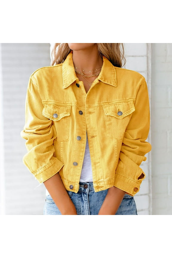 Women Solid Denim Jacket Long Sleeve Slimming Cardigan Suit Pocket Coat Top Yellow 10(XL)