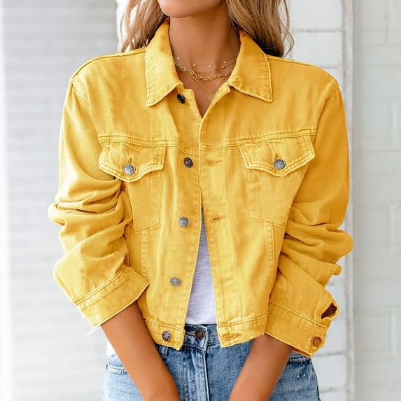Ikevan Women Solid Denim Jacket Long Sleeve Slimming Cardigan Suit Pocket Coat Top Yellow 4(S)