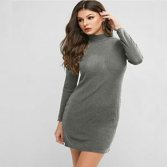 Ikevan Women Solid Long Sleeve Sweater Dress Tight Turtleneck Pullover Dress Gray 8(L)