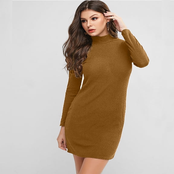 Ikevan Women Solid Long Sleeve Sweater Dress Tight Turtleneck Pullover Dress Khaki 4(S)