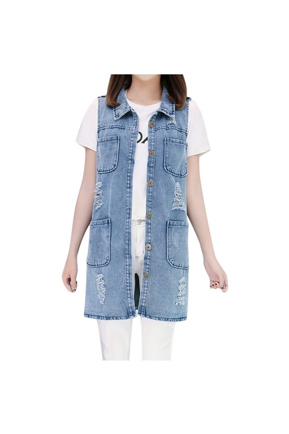 Women Spring Autumn Denim Vest Loose Long Denim Solid Blue Color Vest Jacket