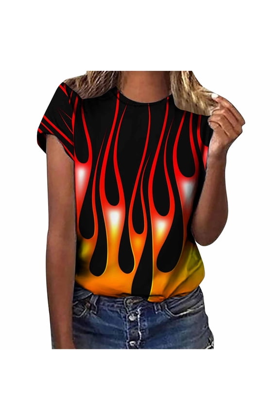 Womens Crewneck Short Sleeves Flame Printed Pattern Casual Tops Blouse Print Shirt