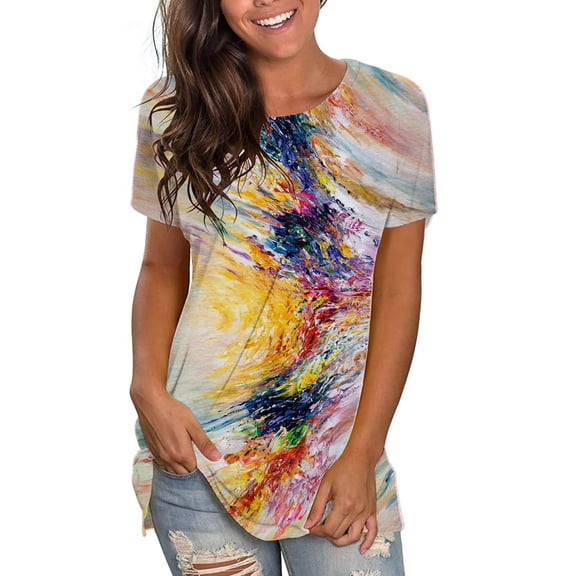 Ikevan Womens Fashion Tops Funny Print Casual Loose Fit Tee Shirts Blouse Print Shirt