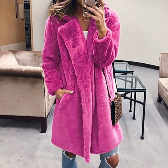 Ikevan Womens Ladies Solid Warm Faux Coat Jacket Winter Turn Down Collar Outerwear Hot Pink 10(M)