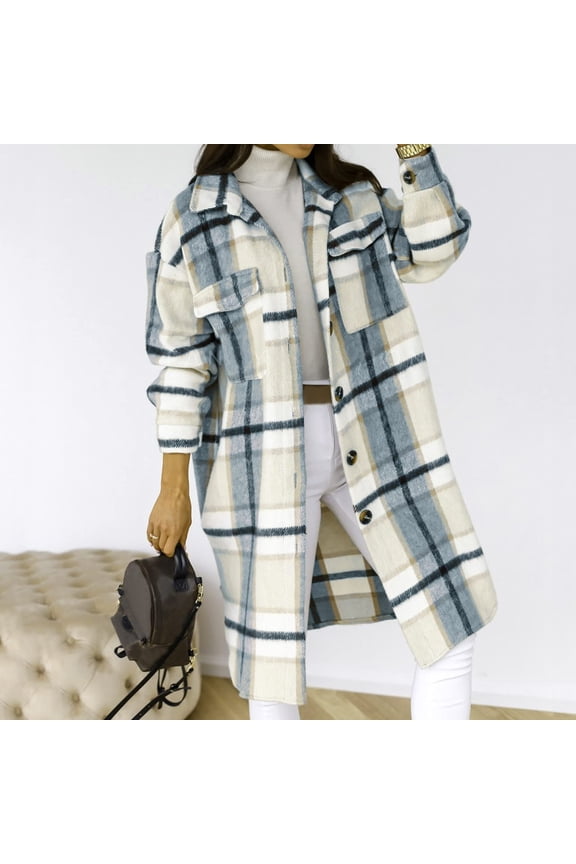 Womens Plaid Long Wool Blend Coat Shacket Jackets Long Sleeve Button Down Casual Boyfriend Flannel Shirts Gray 4(S)