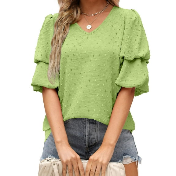 Ikevan Womens Summer Solid Color Double Puff Sleeve Blouses Summer Half Sleeve Tops V Neck T- Blouse