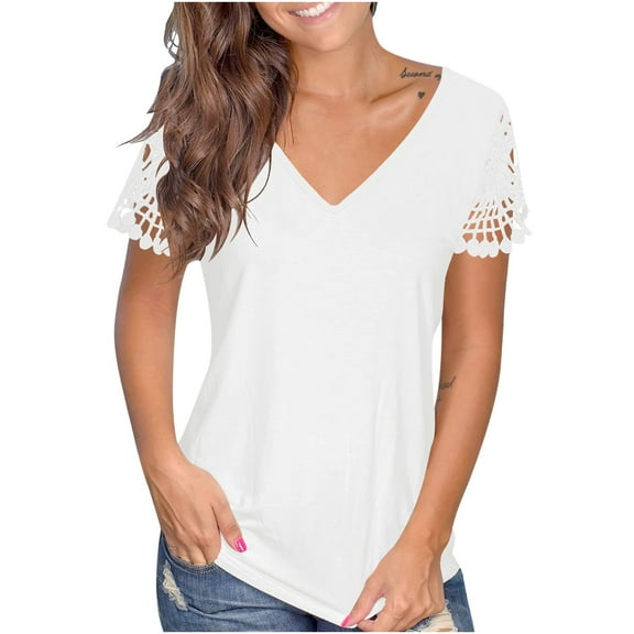 Ikevan Womens Summer T Shirts V Neck Lace Trim Short Sleeve Tops Fashion Casual Tees T-Shirt Tops