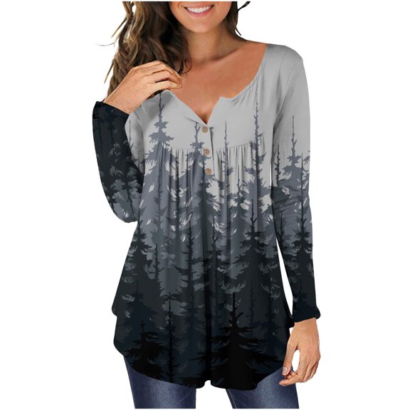 Ikevan Womens Tunic Shirt Casual Long Sleeve Open Button Round Neck Loose Fit Pleated Blouse Tops