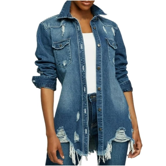 Ikevan womens coats Street Ripped Mid-length Distressed Solid Slim Denim Jacket
