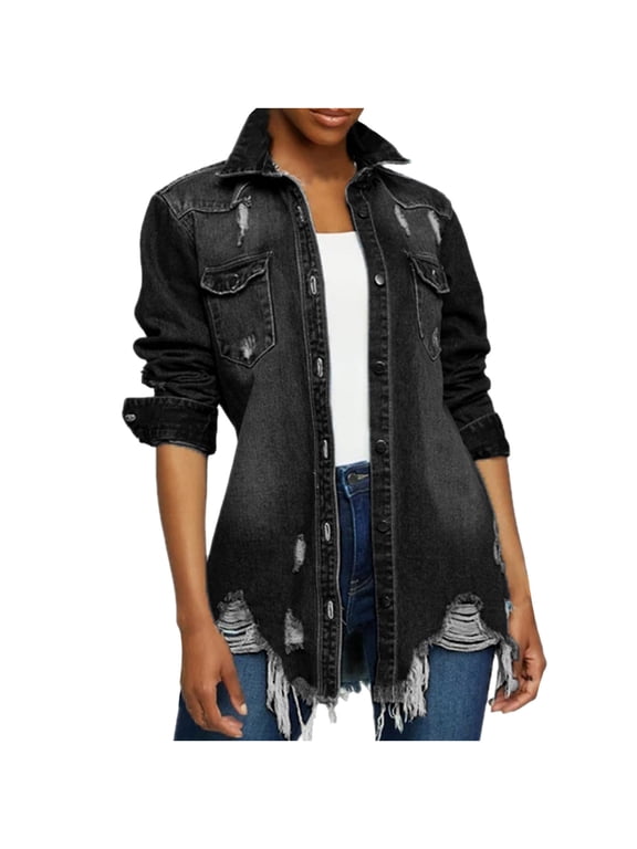womens coats Street Ripped Mid-length Distressed Solid Slim Denim Jacket