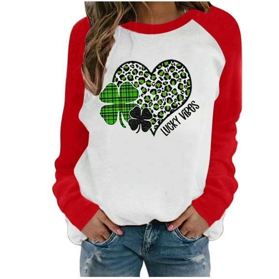 Ikevan womens tops Spring Patchwork St. Patrick's Day Printed Long Sleeves Round Neck Casual Tee Tops