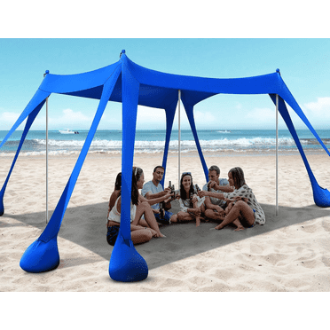 Ikfashoni Beach Tent with 8 Sandbags, UPF50+ Sun Shelter for Camping, 10ft x 10ft Navy Beach Canopy for 8 People